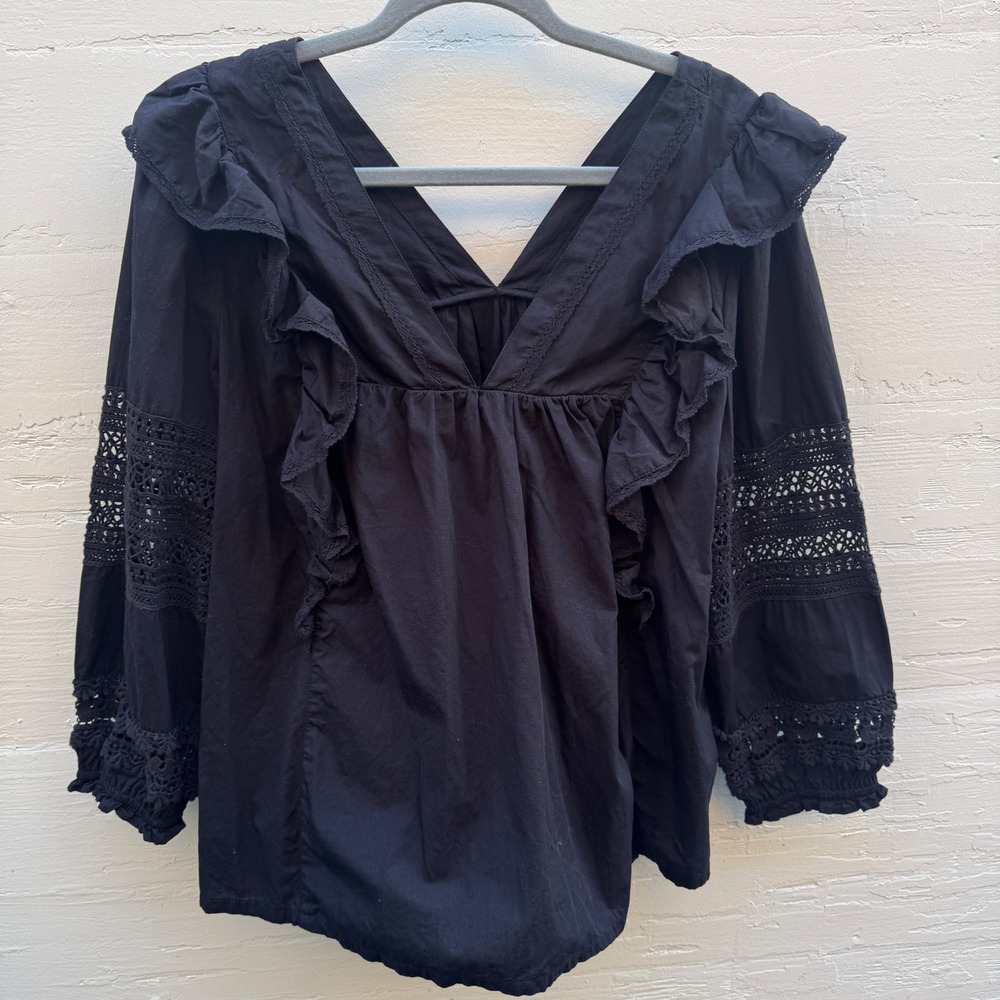 Anthropologie Black Eyelet Lace Top Ruffle V-Neck Balloon Sleeve Blouse Medium